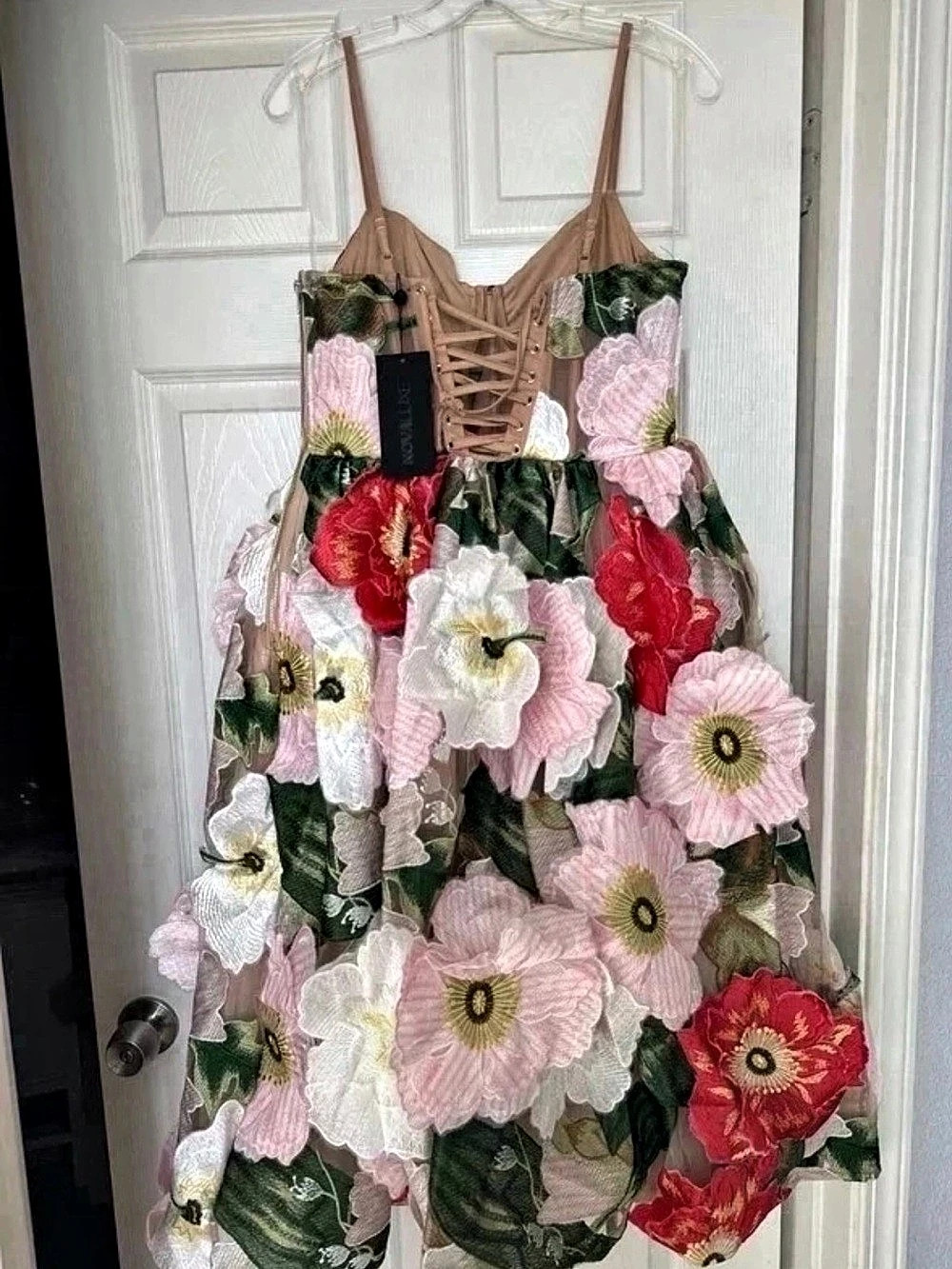 NOVALUXE Floral Lace-Up Maxi Dress in Pink & Red
